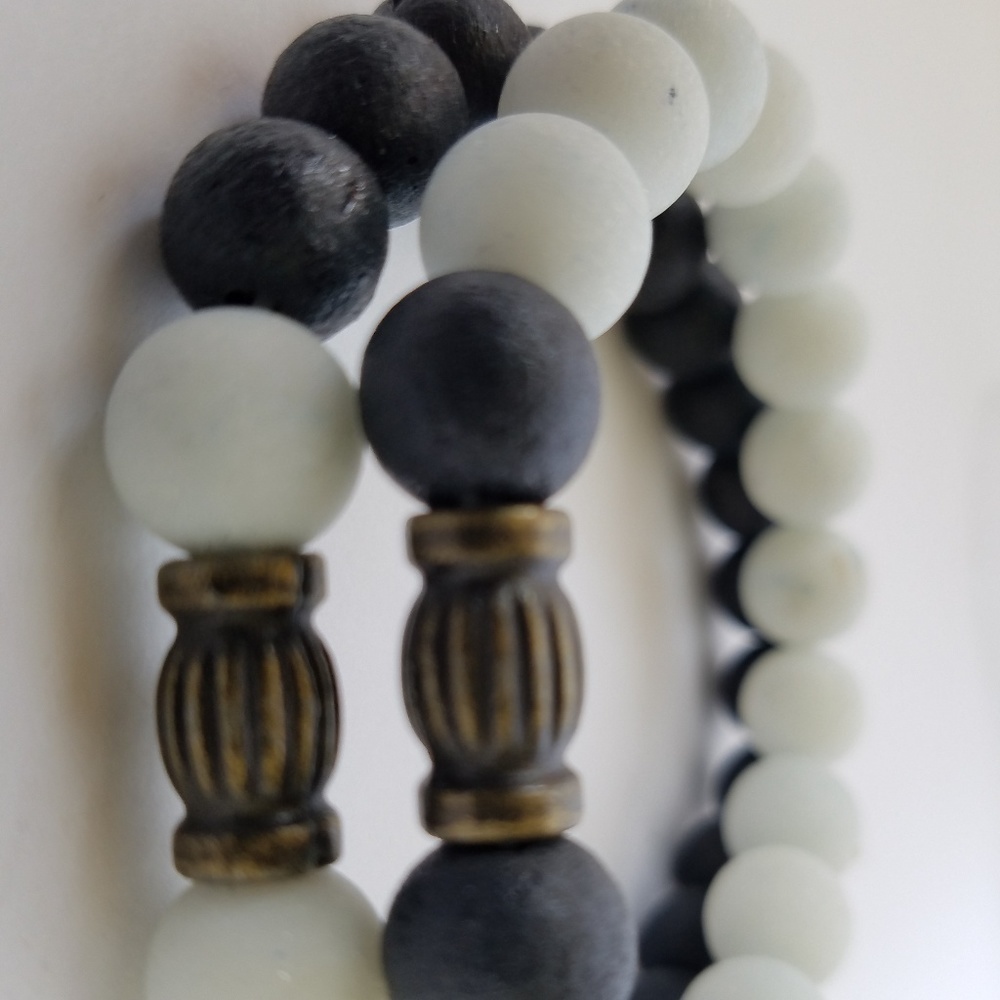 Hand Crafted Couple's Navy White Stone Beaded Bracelets Lava Stretch - Picture 4 of 10